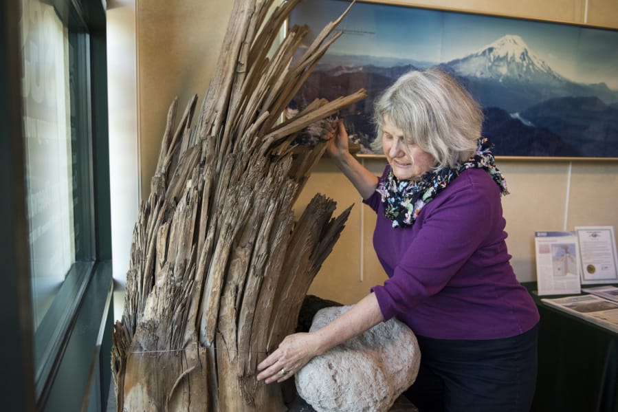 Hydrologist Carolyn Driedger with a tree trunk in the Cascade Volcano Observatory headquarters in Vancouver. The tree was splintered by the “stone wind” created when Mount St. Helens erupted 38 years ago.