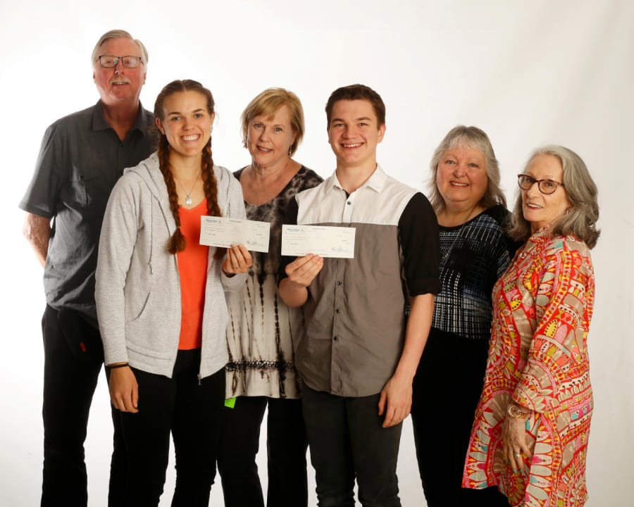 First Place: The First Place Neighborhood Association awarded two $1,000 scholarships to seniors graduating from Evergreen High School. From left: Al Griffen, Claire Priebe, Sharon Bevan, Tyler Jessey, Shirley Morgan and Sharen Graven.