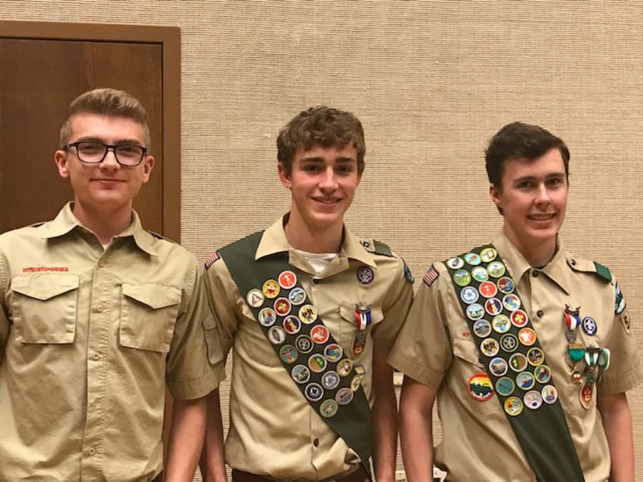 Koy Chaston, left, Gabriel Dinnel, middle, and Korbin McDonald, all of Troop 549, were recognized for attaining the rank of Eagle Scout.