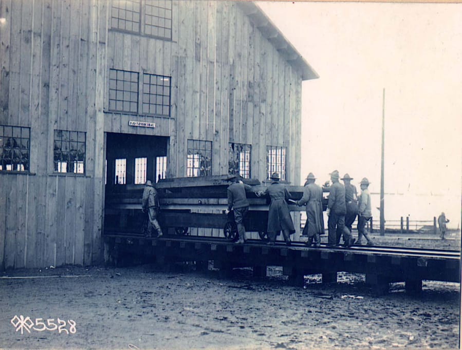 This working World War I-era spruce mill is long gone from the grounds of the Vancouver Barracks. This photo was probably taken in 1918, when the mill was up and running.