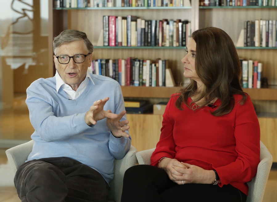 Microsoft co-founder Bill Gates and his wife Melinda take part in an AP interview Feb. 1 in Kirkland. A bemused Bill Gates shared anecdotes about President Donald Trump earlier this week at a staff meeting of the Bill & Melinda Gates Foundation. (AP Photo/Ted S.