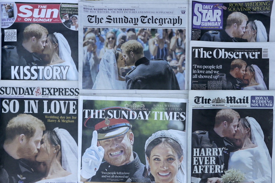The front pages of British newspapers feature pictures from the wedding of Britain’s Prince Harry and Meghan Markle on Sunday in London.
