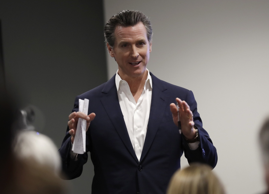California gubernatorial candidate Lt. Gov. Gavin Newsom speaks during a visit with veterans and their families in San Diego. The heat for California governor is especially intense for Republican Cox and Democrat Antonio Villaraigosa, whom polls show to be in a tough fight for the second of two slots on the general election ballot. Democrat Gavin Newsom is the undisputed front-runner and is expected to advance. The primary is Tuesday, June 5, 2018, and more than 1.4 million ballots have already been cast by mail.