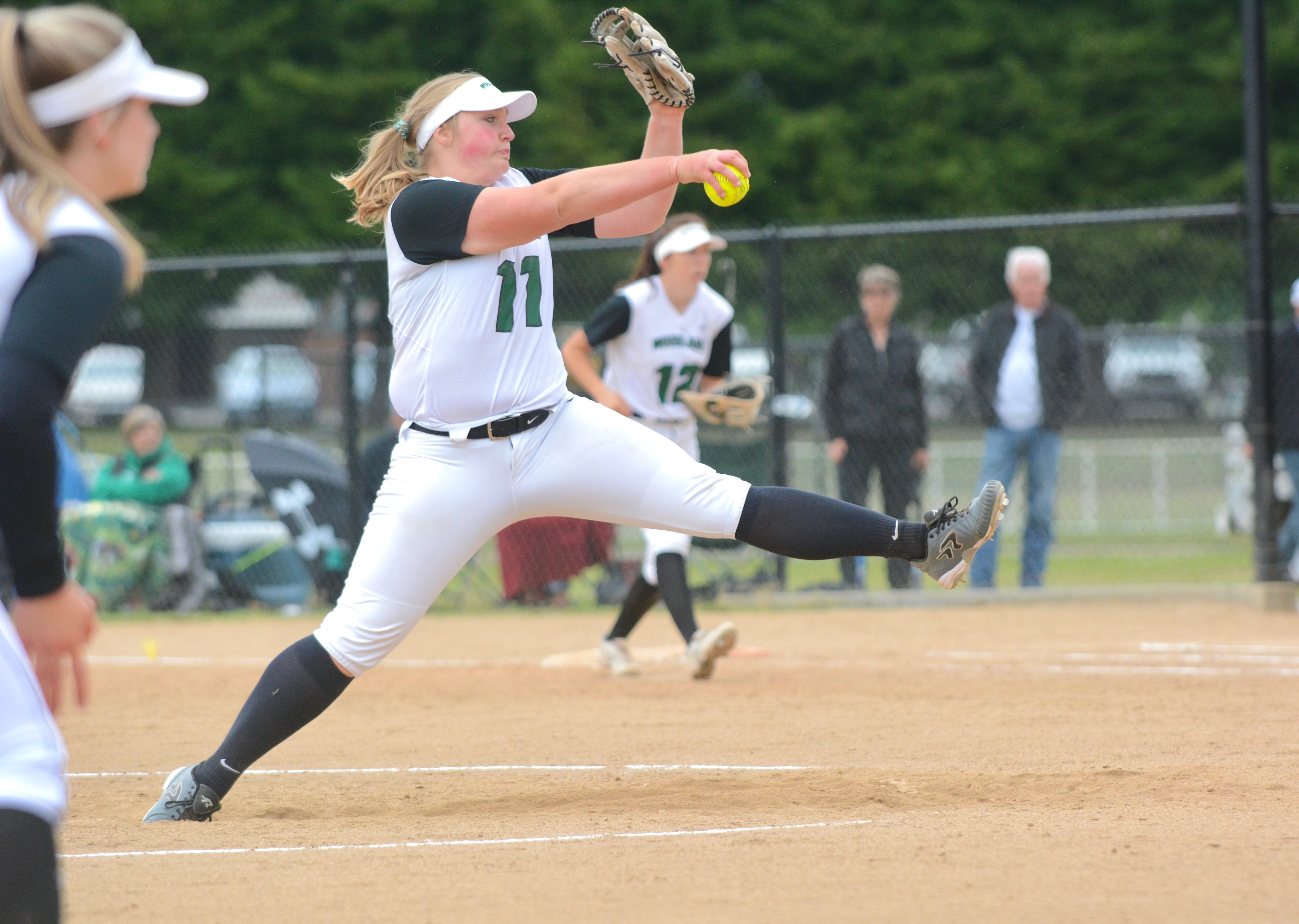 Woodland pitcher Olivia Grey winds up to throw a pitch during the Beavers' 6-2 win over Tumwater in the 2A district softball tournament at Fort Borst Park in Centralia on Friday, May 18, 2018 (Andy Buhler/Columbian staff).