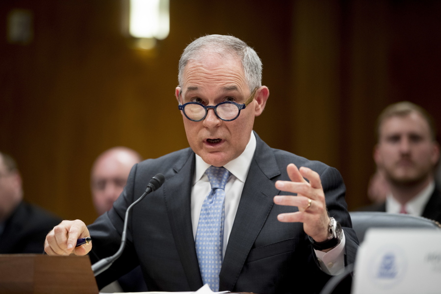 FILE - In this May 16, 2018, file photo, Environmental Protection Agency Administrator Scott Pruitt testifies before a Senate Appropriations subcommittee on the Interior, Environment, and Related Agencies on budget on Capitol Hill in Washington.