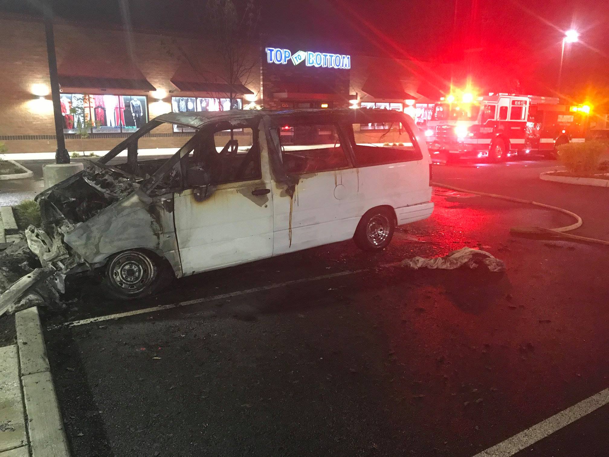 Clark County Fire District 6 firefighters quickly extinguished a vehicle fire overnight Wednesday. The fire destroyed a Ford Aerostar parked in the lot of a stripmall off Highway 99.