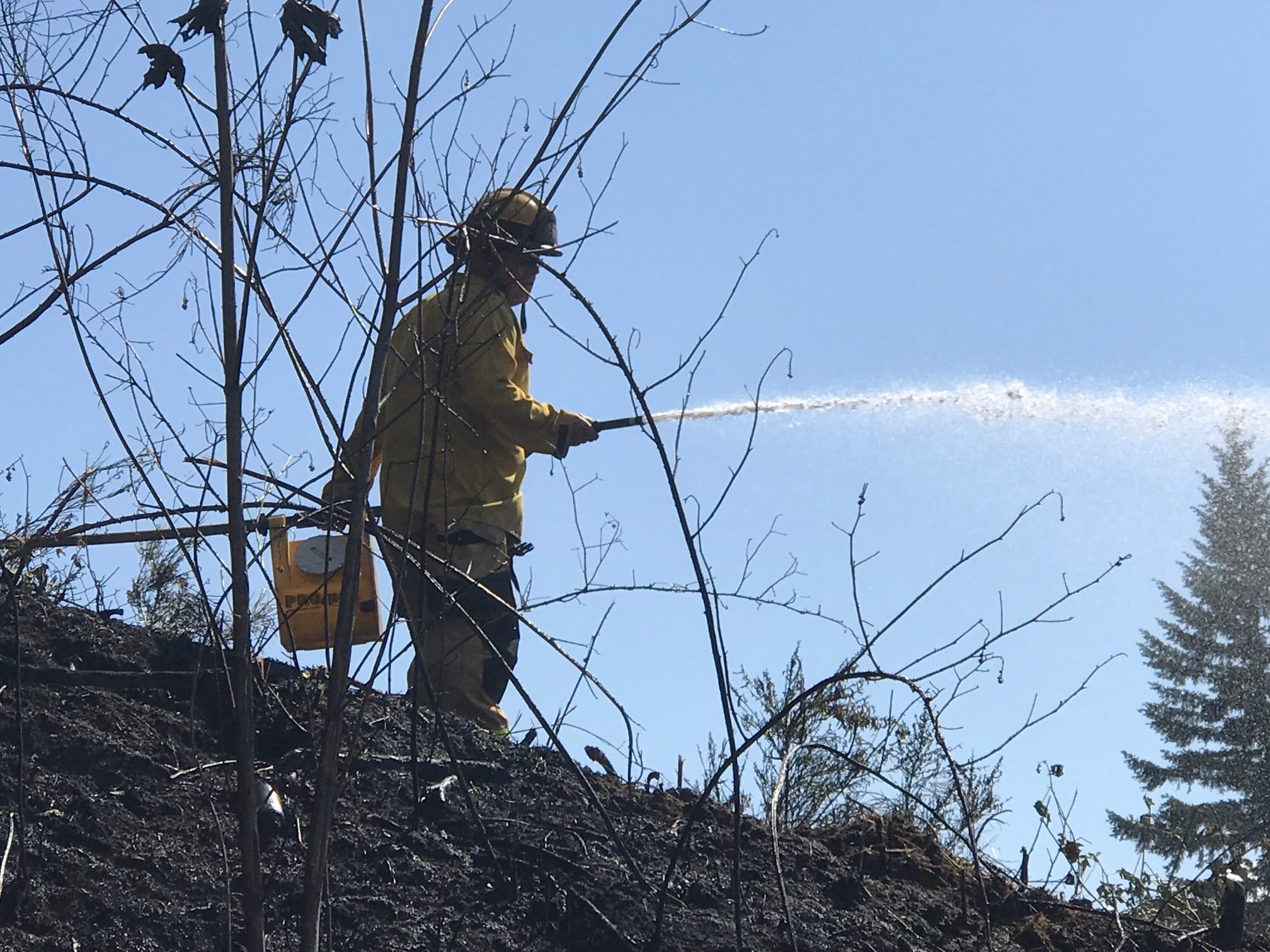 A firefighter works to extinguish one of two fast-moving grass fires along northbound Interstate 5 at the foot of Hazel Dell Thursday.