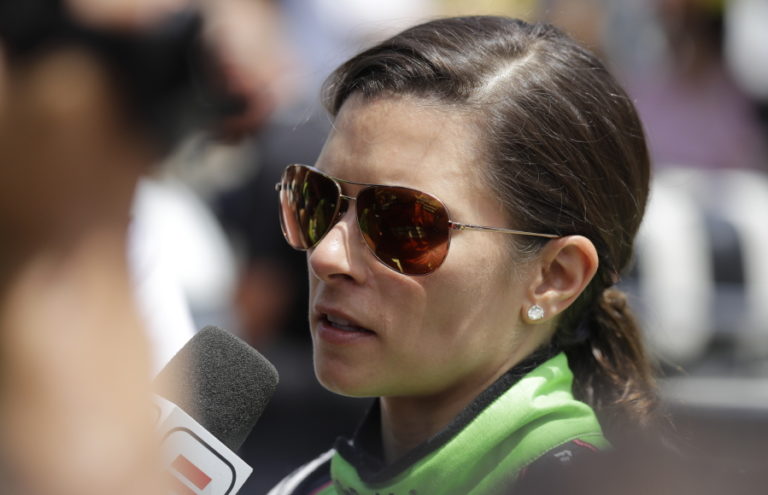 Danica Patrick is interviewed following her release from the infield hospital after being checked following a crash in the Indianapolis 500 auto race at Indianapolis Motor Speedway in Indianapolis Sunday, May 27, 2018.