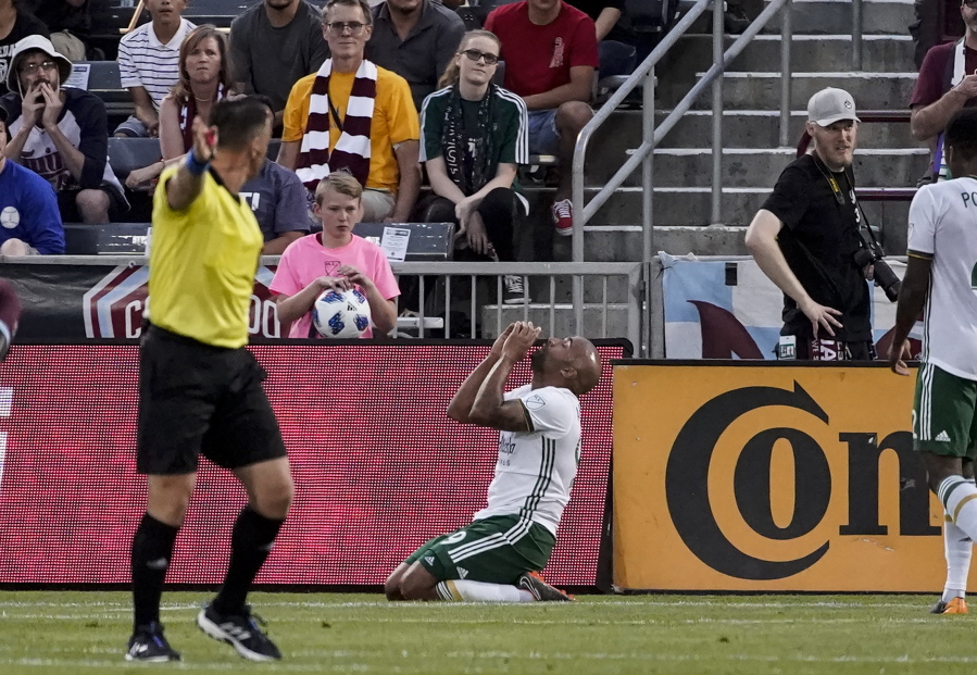 Portland Timbers forward Samuel Armenteros celebrates his second goal of the MLS soccer match against the Colorado Rapids during the first half Saturday, May 26, 2018, in Commerce City, Colo.