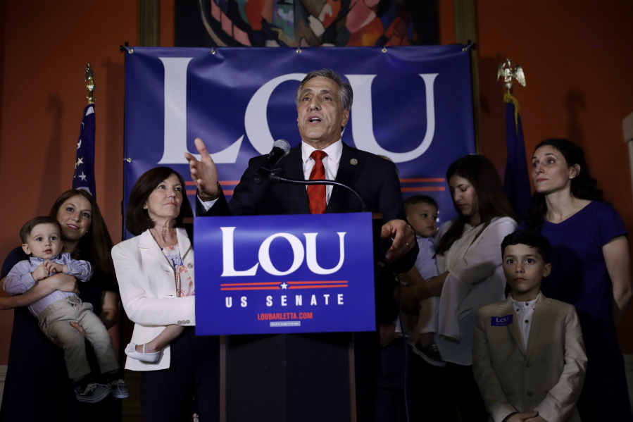 U.S. Rep. Lou Barletta, R-Pa., Republican primary candidate for U.S. Senate, talks to supporters during an election night results party Tuesday in Hazleton, Pa. Barletta, a staunch supporter of President Donald Trump who first got national notice as a small-city mayor for his attempted crackdown on illegal immigration, on Tuesday won the Republican nomination for U.S. Senate in Pennsylvania.