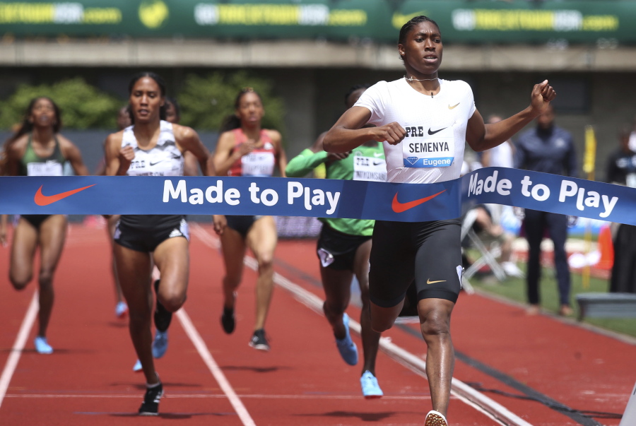 Caster Semenya, right, wins the wome's 800 meters at the Prefontaine Classic track and field meet in Eugene, Ore., Saturday, May 26, 2018.