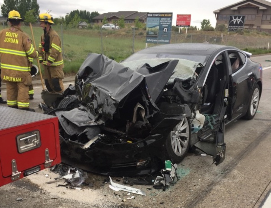 A Tesla Model S sedan collided with a fire department mechanic truck stopped at a red light in South Jordan, Utah, on May 11. The Tesla was in Autopilot mode.
