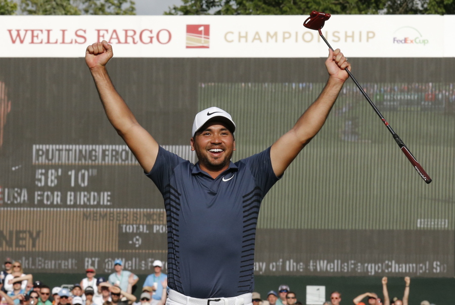 Jason Day reacts after playing partner Nick Watney’s birdie putt on 18 at the Wells Fargo Championship golf tournament at Quail Hollow Club in Charlotte, N.C., Sunday, May 6, 2018. (AP Photo/Jason E.