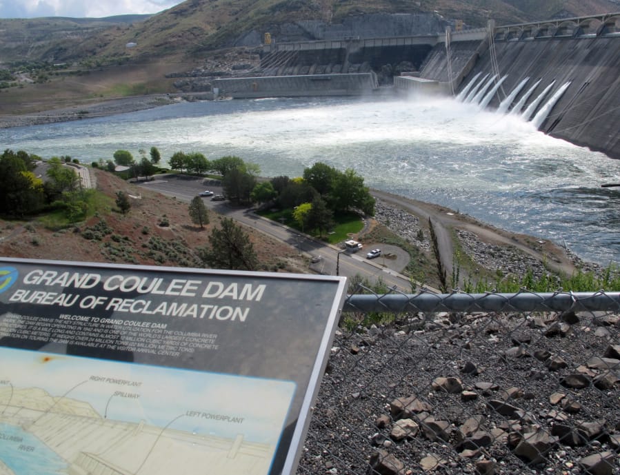 Water is released in June 2011 at Grand Coulee Dam. The dam is one of two U.S. dams cited in an inspector general report as at high risk because of poor computer security. Nicholas K.