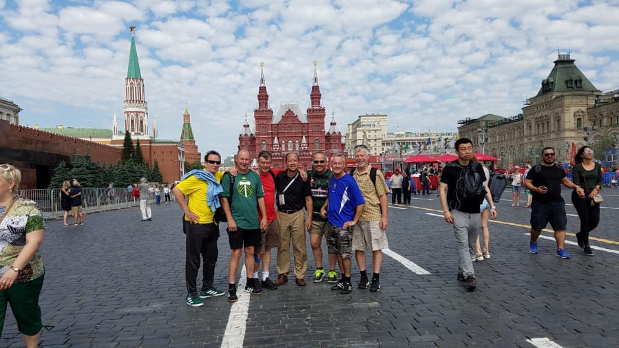Vancouver-based adult club soccer team members Yuriy Dobrodomov, George Reynolds, Dave Hughes, Kenny Fujimoto, Greg Munn, Barry Brandenburg and Bill Mallon (left to right) pose in Red Square in Moscow, Russia during the 2018 FIFA World Cup (Courtesy/George Reynolds).
