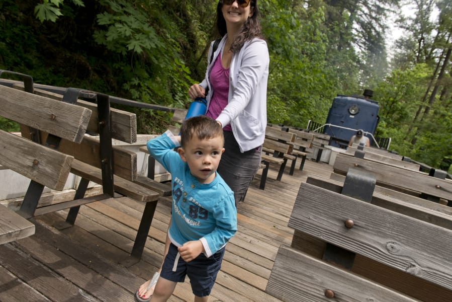 Therese Reynolds of Ridgefield and her son Zachary Reynolds, 4, enjoy his first ride on the Chelatchie Prairie Railroad.