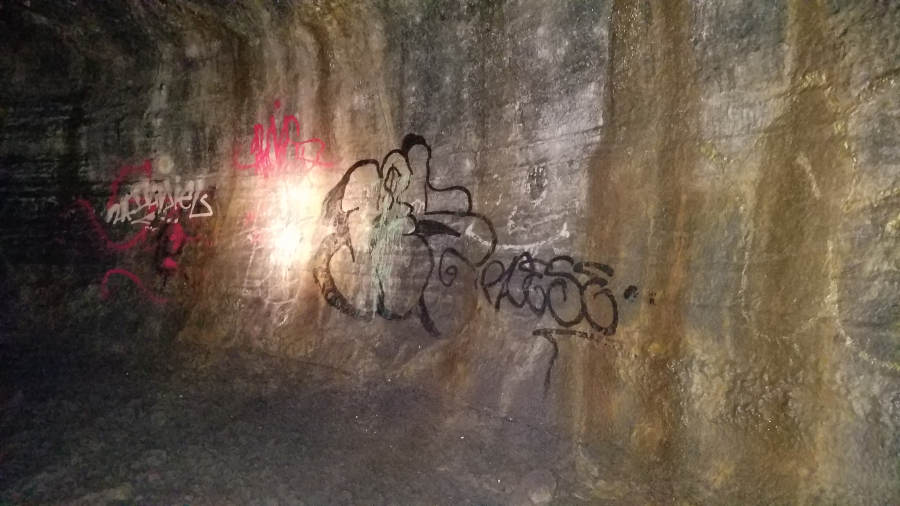 Graffiti that was sprayed inside the Ape Cave about two years ago is still on the wall. Forest Service officials say they’re still searching for solvents that won’t damage the cave’s fragile environment.