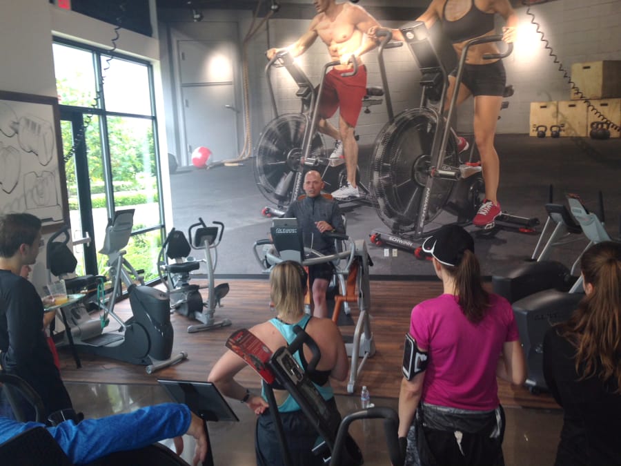 Bennington: Running coach Rick Muhr uses an exercise machine at the Nautilus Shop in Vancouver as part of a running clinic he conducted ahead of a fun run on June 9.