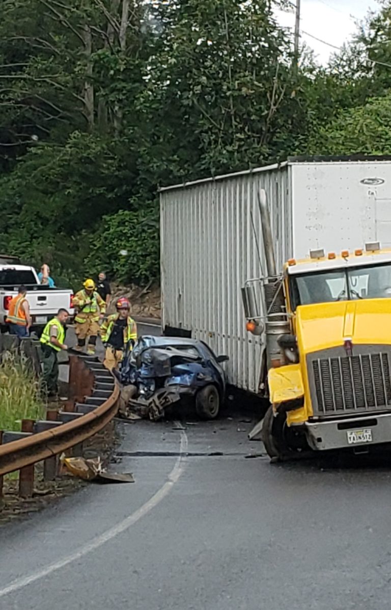 A Goldendale man was injured Monday morning when he lost control of his vehicle on a curve, crossed into the oncoming lane and was struck by an eastbound tractor trailer on state Highway 14 in Skamania County, according to Washington State Patrol.