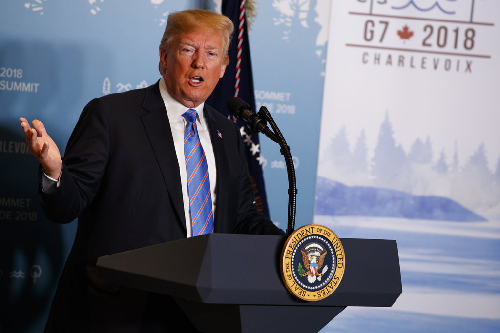 FILE - In this June 9, 2018 file photo, President Donald Trump speaks during a news conference at the G-7 summit in La Malbaie, Quebec, Canada.  New York Attorney General sues the Trump Foundation, Thursday, June 14, saying it engaged in a pattern of illegal self-dealing.