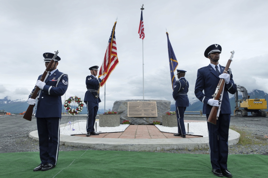 The Alaska Air National Guard honor guard presents the colors at a plaque dedication ceremony Saturday in Valdez, Alaska. DAVID LIENEMANN/Office of Alaska Gov.