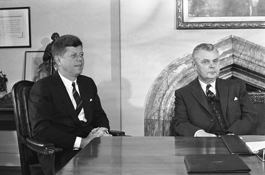 U.S. President John Kennedy and Prime Minister John Diefenbaker meet to begin talks on U.S. and Canadian problems in Ottawa, Canada. In the early 1960s, there was a bitter rift between the two countries because of personal enmity between Kennedy and Diefenbaker, who balked at U.S. pressure to be more aggressive in Cold War maneuverings.