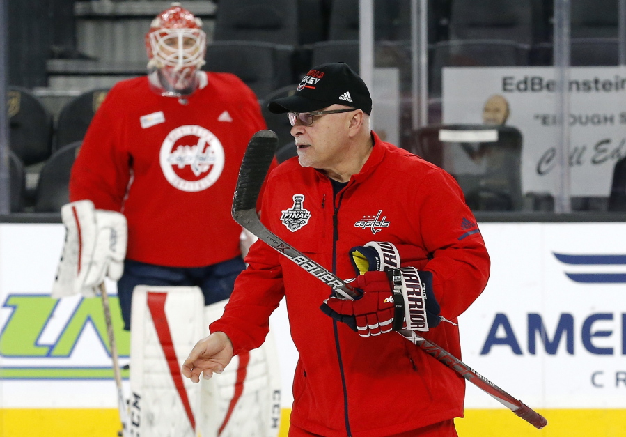 Washington Capitals head coach Barry Trotz watches his players during a practice in Las Vegas. (AP Photo/Ross D.