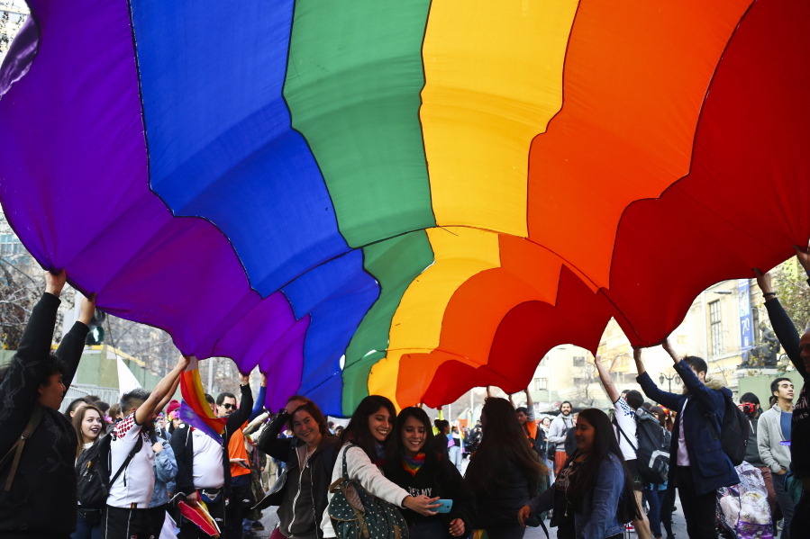 A couple of women take a selfie under a rainbow banner during International LGBT Pride Day in Santiago, Chile, Saturday, June 23, 2018.