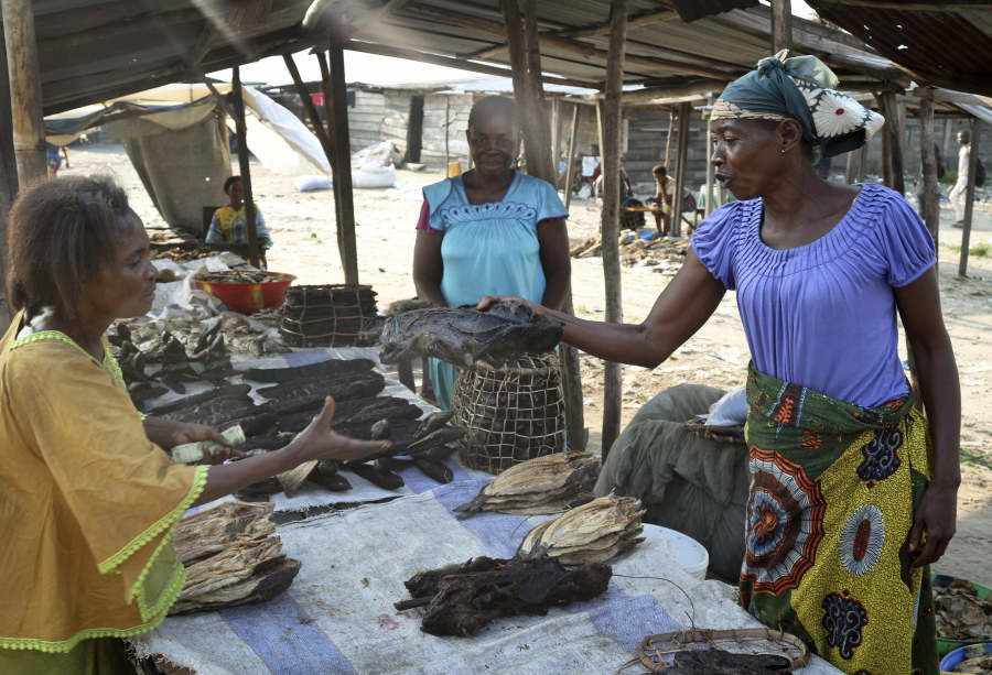 In this photo taken Tuesday, May 29, 2018, a street trader sells dried fish and smoked monkey meat at the port of Maluku in Kinshasa, Congo. Congo’s latest deadly Ebola outbreak is hitting local traders of popular bush meat amid concerns about the virus jumping to humans from animals such as bats and monkeys.