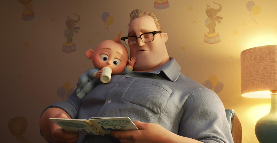 Bob/Mr. Incredible, voiced by Craig T. Nelson, right, and Jack Jack in “Incredibles 2,” written and directed by Brad Bird.