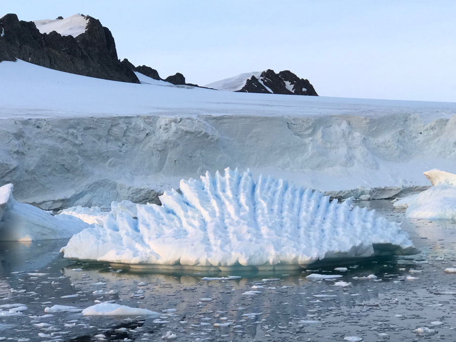 An unusual iceberg near the Rothera Research Station on the Antarctic Peninsula is seen in January.