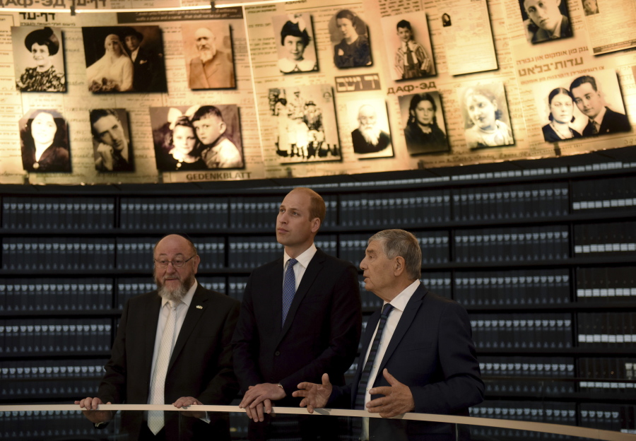 Britain’s Prince William visits the Hall of Names at the Yad Vashem Holocaust Memorial, in Jerusalem, on Tuesday.