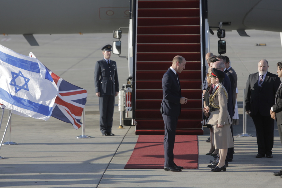 Britain’s Prince William arrives on a Royal Air Force plane at the Ben Gurion airport Monday in Tel Aviv, Israel. William has arrived in Israel for the first-ever official visit by a member of the British royal family.