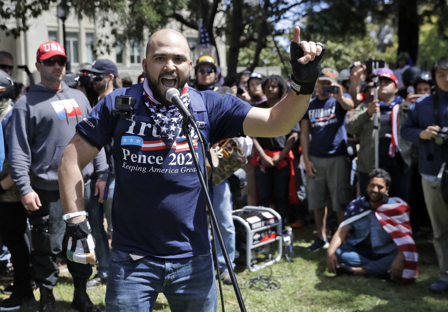 Right wing group Patriot Prayer leader Joey Gibson of Vancouver speaks during a April 27, 2017, rally in support of free speech in Berkeley, Calif. The conflict between Patriot Prayer and the so-called “antifa” has dominated rallies in Portland in recent months, creating soul-searching in the city.