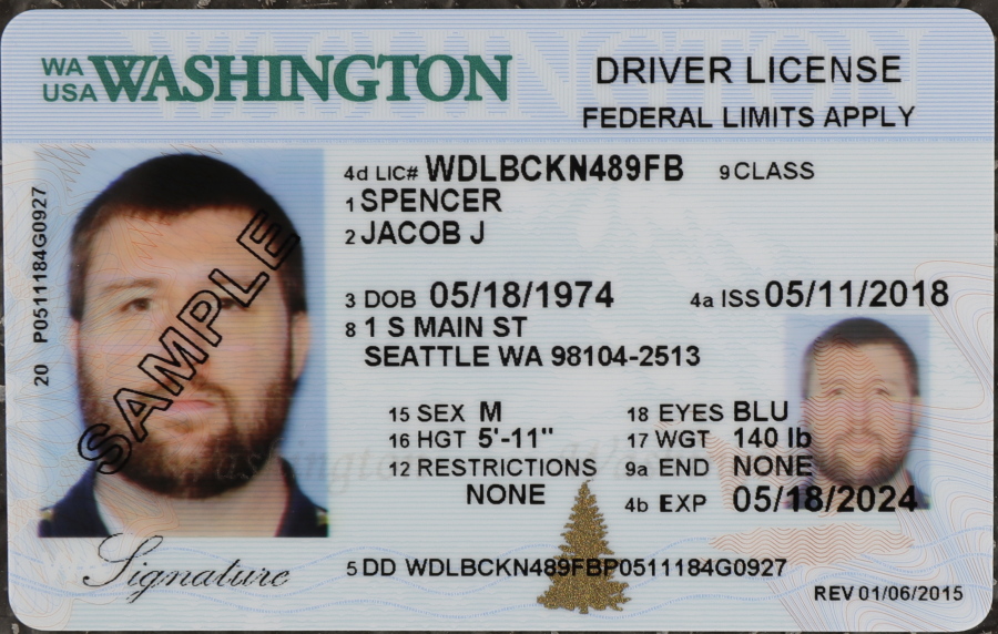 A sample copy of a Washington drivers license is shown at the Washington state Dept. of Licensing office in Lacey on Friday. Some Washington licenses and identification cards will soon be marked with the words “federal limits apply” as the state moves to comply with a federal law that increased rules for identification needed at airports and federal facilities. (AP Photo/Ted S.