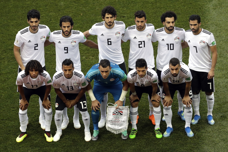 Egypt’s team pose for a group photo prior to during the group A match between Saudi Arabia and Egypt at the 2018 soccer World Cup at the Volgograd Arena in Volgograd, Russia, on Monday.