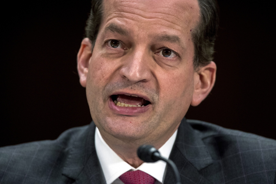 Labor Secretary Alex Acosta speaks during a Senate Committee on Commerce, Science, & Transportation hearing on Capitol Hill in Washington. The Trump administration is preparing to announce a new insurance option for small firms and self-employed people that would cost less but could cover fewer benefits than current plans.