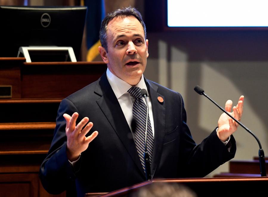 FILE - In this Jan. 16, 2018 file photo, Kentucky Gov. Matt Bevin speaks to a joint session of the General Assembly at the Capitol, in Frankfort. In comments at odds with his home state’s whiskey distillers, Bevin is downplaying fears that the European Union’s retaliatory tariffs could disrupt the booming market for the Bluegrass state’s iconic bourbon industry. “There’s always the potential for some type of impact, but I don’t think it will be a tremendous impact,” Bevin said when asked about tariffs during a TV interview this week with Bloomberg. (AP Photo/Timothy D.
