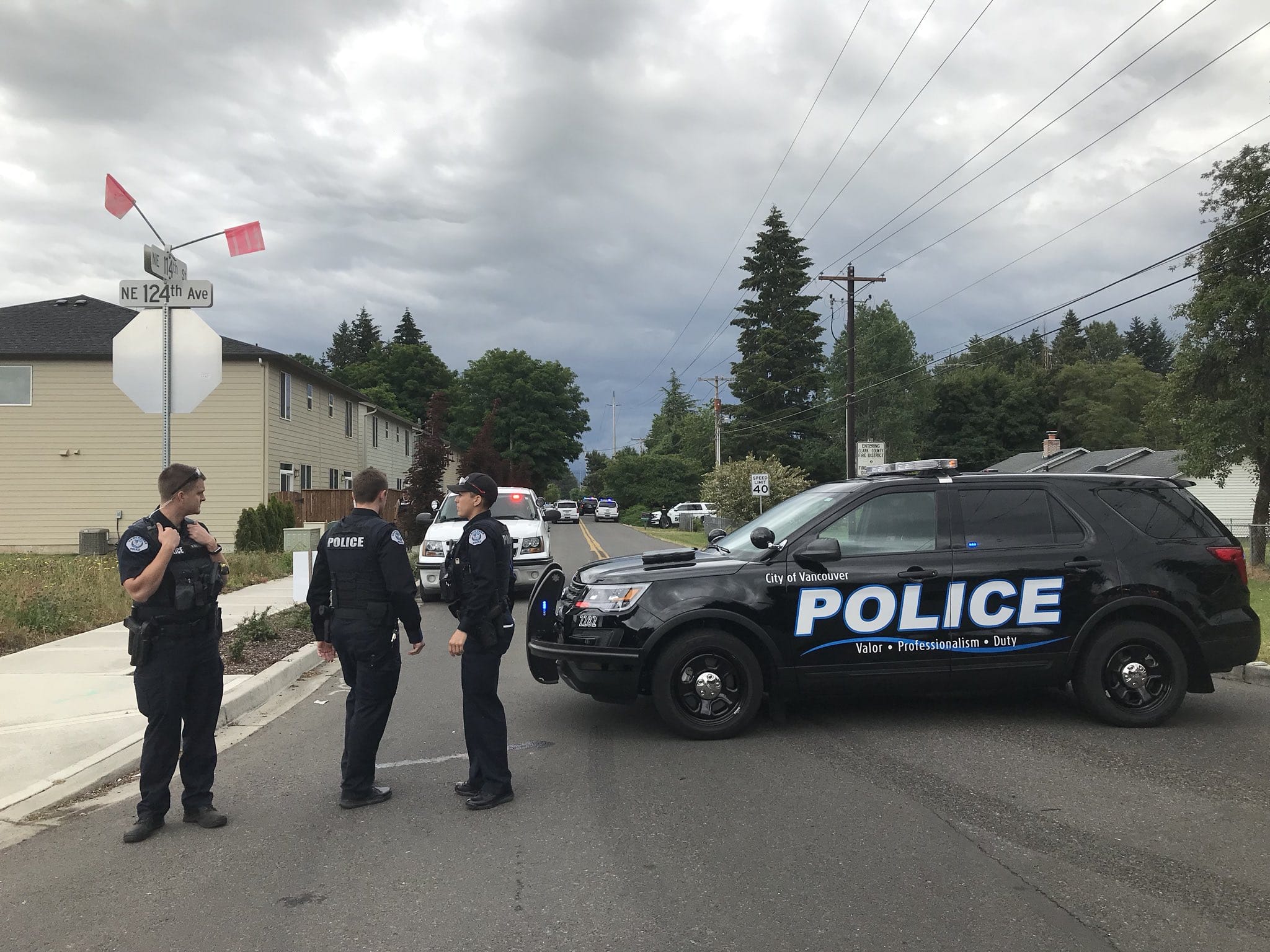Vancouver police set up a blockade at Northeast 124th Avenue and Northeast 114th Street in Brush Prairie on June 13 after a report of possible shots fired.
