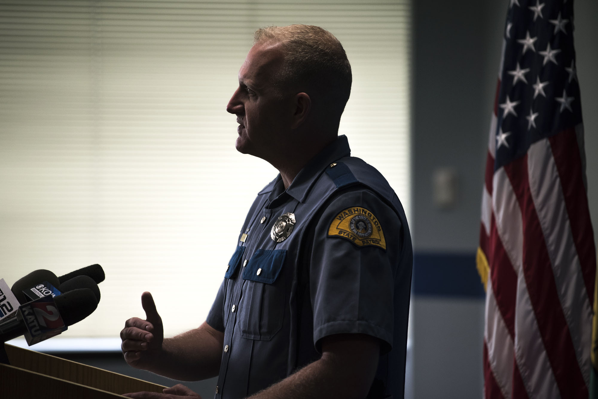 Trooper Will Finn with the Washington State Patrol speaks about the June 9 fatal shooting on Highway 503 during a press conference at WSP headquarters on Monday afternoon.
