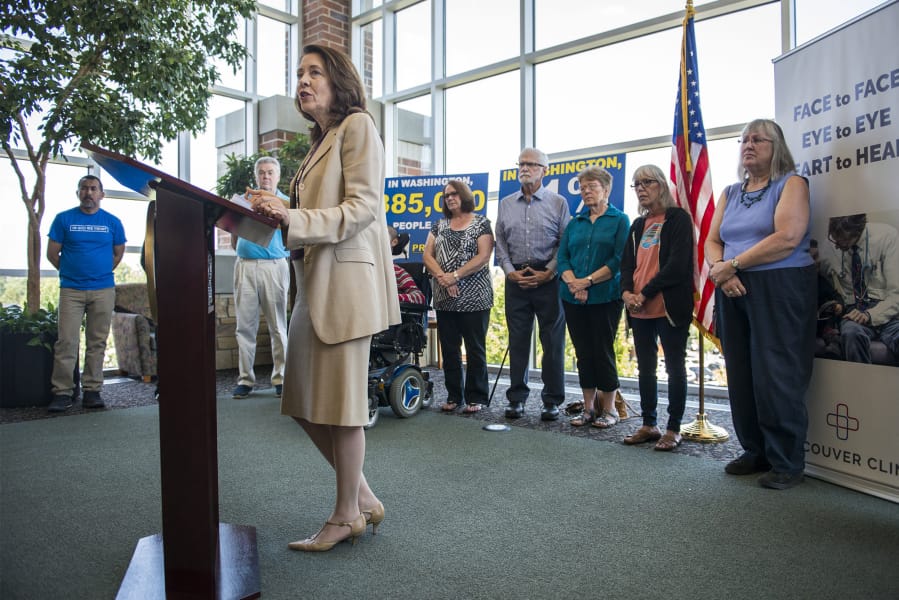 Sen. Maria Cantwell, D-Wash., speaks about the importance of keeping a provision that prevents insurance companies from denying coverage based on a pre-existing condition Thursday at Vancouver Clinic.