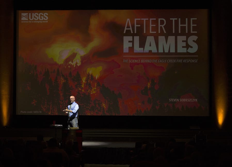 Steven Sobieszczyk, a hydrologist with the U.S. Geological Survey, gives what he describes as the “most unscientific sciencey talk you’ll ever hear” about the environmental effects resulting from the Eagle Creek Fire at Wednesday’s Science on Tap at Kiggins Theatre.