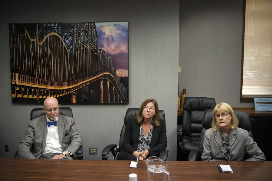 Clark County Council District 1 candidates Jim Moeller, from left, Temple Lentz and Jeanne Stewart meet Tuesday with The Columbian Editorial Board.