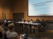 Vancouver City Council candidates Laurie Lebowsky, from left, Sarah Fox, Maureen McGoldrick, Mary Elkin, and Adam Shetler speak during a forum hosted by the League of Women Voters of Clark County at the Vancouver Community Library on Thursday, July 19, 2018.