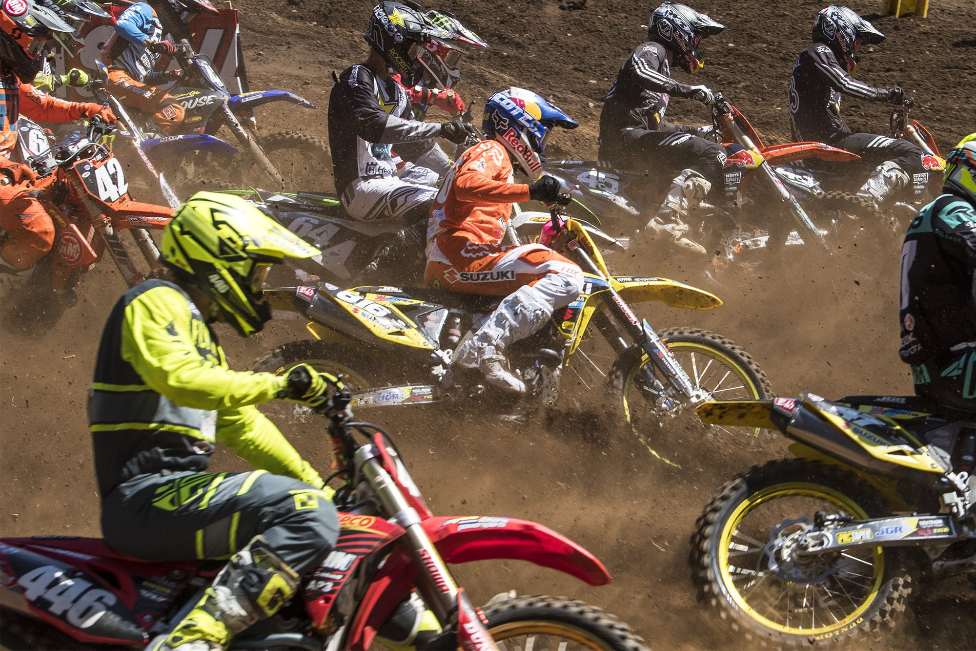 Riders fight for position at the start of the 250 Class Moto #2 at the Washougal National Lucas Oil Pro Motocross at the Washougal MX Park on Saturday afternoon, July 28, 2018.