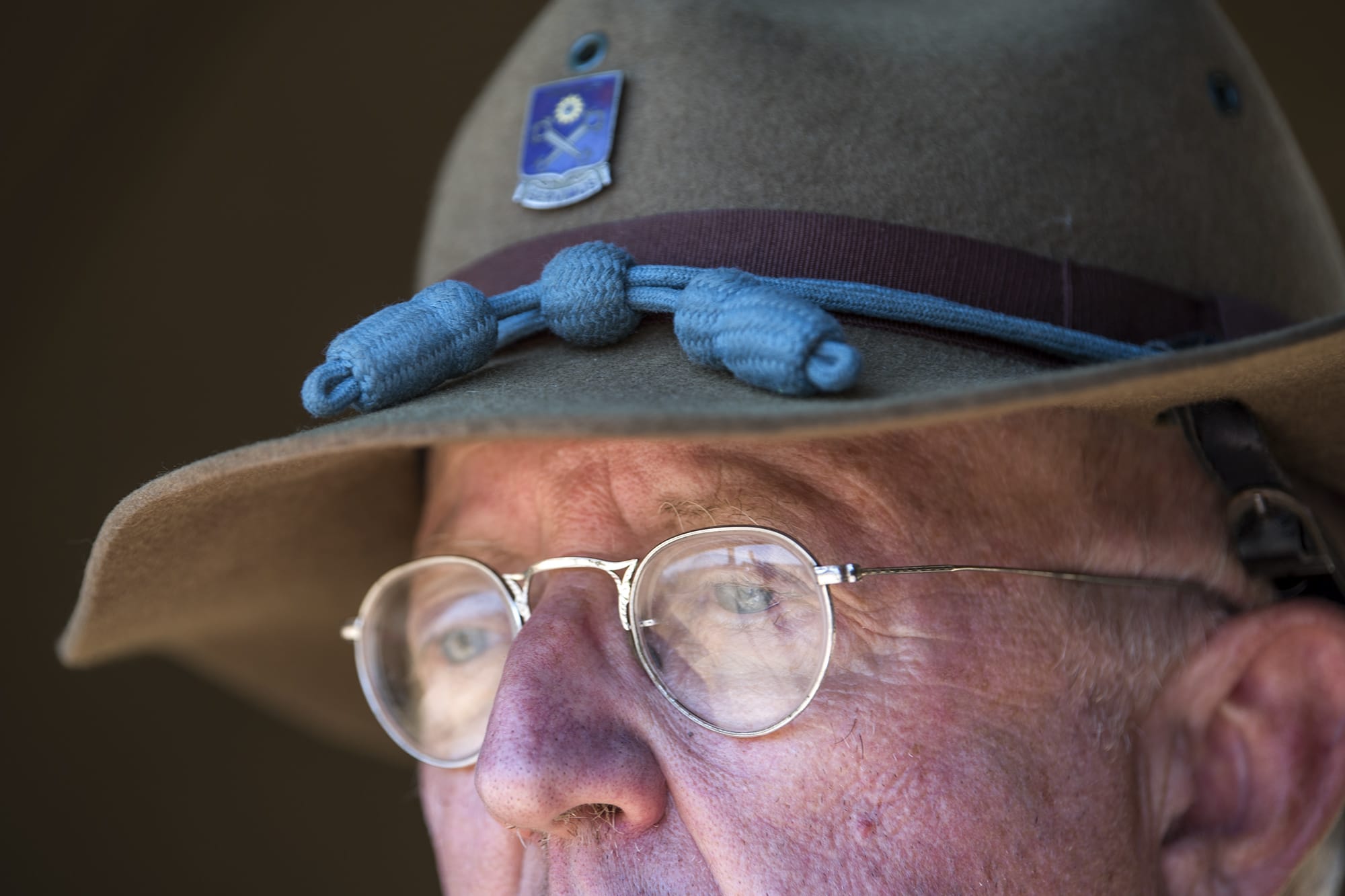 Corky Porter of Salem, Ore., wears a pair of 1940s eyeglasses, with new lenses, during the World War II living history encampment at Fort Vancouver National Historic Site on Friday, July 20, 2018. "I like the '40s glasses better," Porter said.