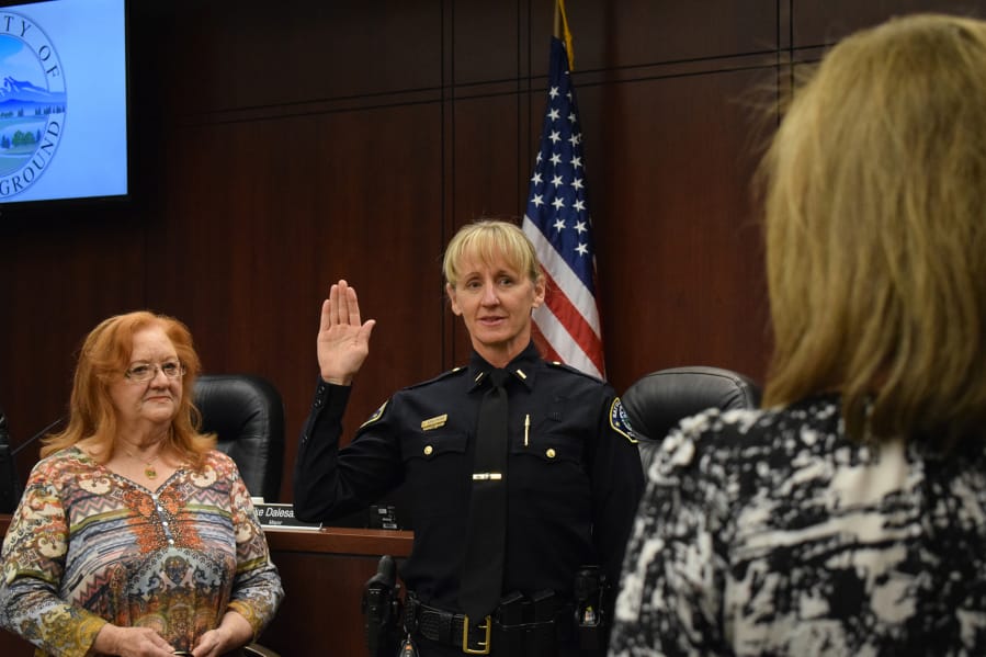 Kim Armstrong was promoted to lieutenant, making her the first woman to achieve that rank in the history of the Battle Ground Police Department.