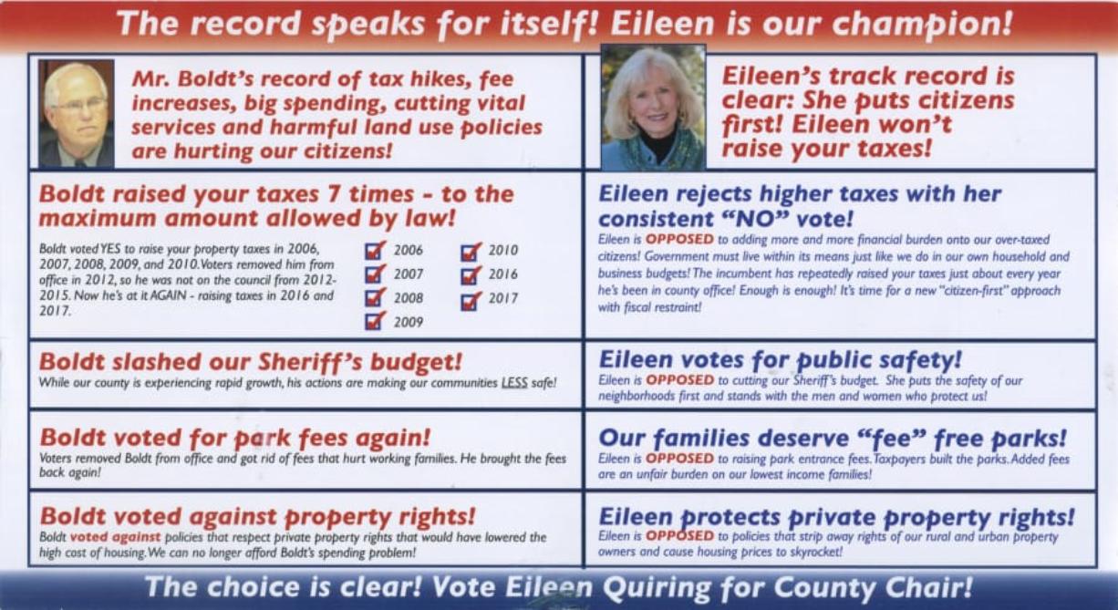 A campaign mailer being circulated by Republican Clark County Councilor Eileen Quiring makes critical claims about Clark County Council Chair Marc Boldt.