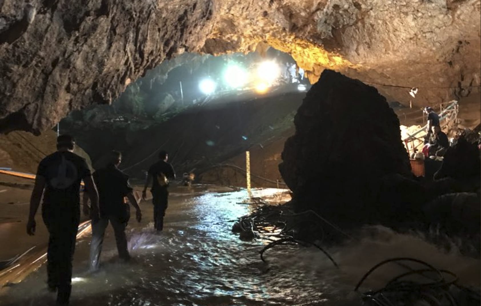 This photo tweeted by Elon Musk shows efforts underway to rescue trapped members of a youth soccer team from a flooded cave in northern Thailand. Musk tweeted early Tuesday, July 10, 2018, he has visited the cave and has left a mini-submarine there for future use.