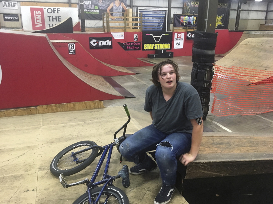 BMX rider Hannah Roberts takes a break from practicing at The Kitchen BMX & Skatepark in South Bend, Ind., Thursday, June 14, 2018. Roberts was the 2017 UCI BMX Freestyle Park world champion. Perhaps just as impressively, she is a National Honor Society student back home in Buchanan, Michigan.